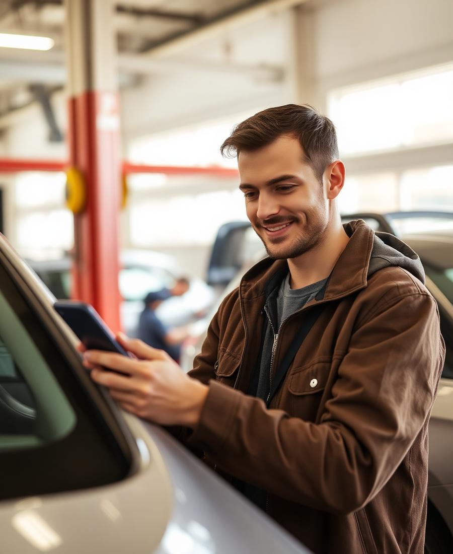 A person checking their phone beside a car at a repair shop